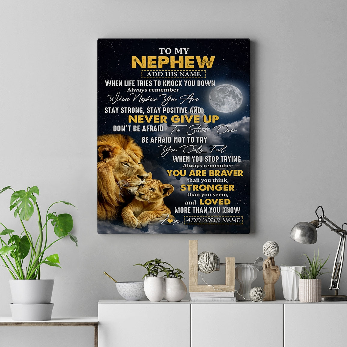 Personalized To My Nephew Gifts Canvas From Uncle Aunt Lion Never Give Up Nephew Birthday Gifts Graduation Christmas Custom Wall Art Print Framed Canvas | siriusteestore