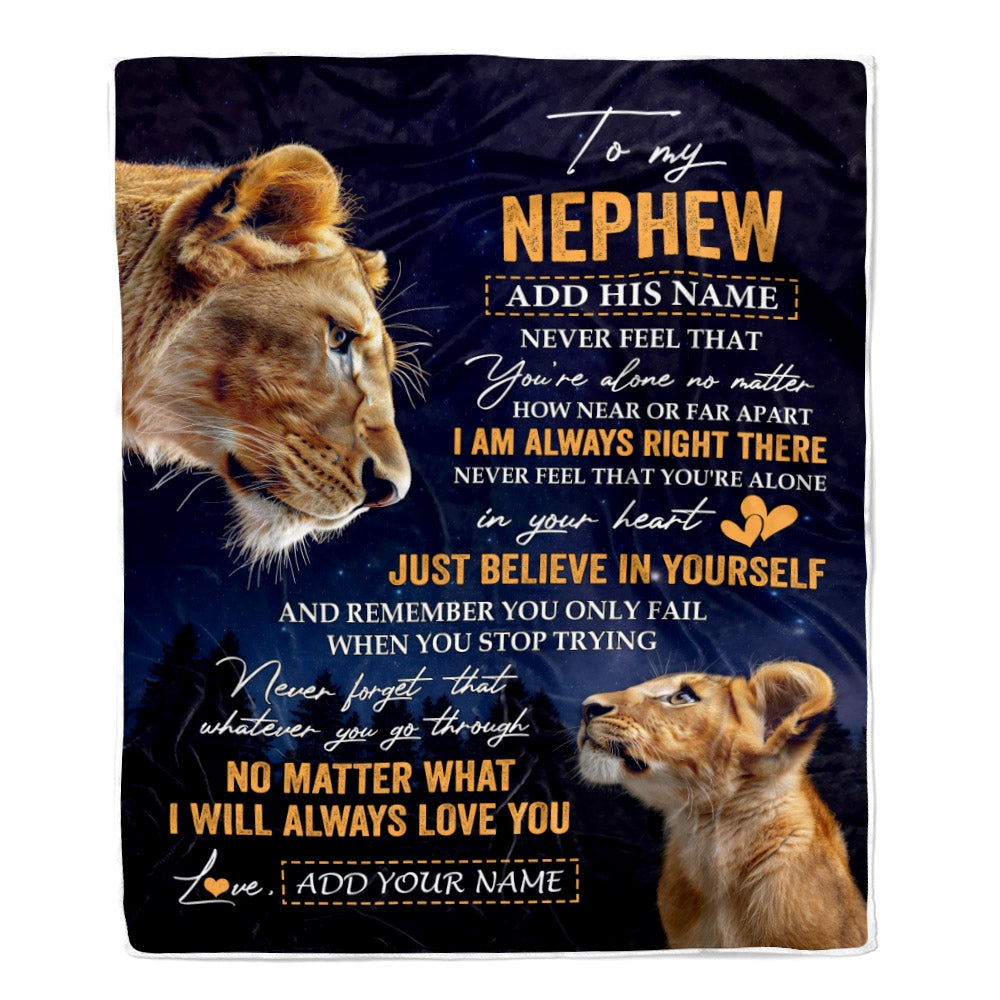 Personalized To My Nephew Gifts From Aunt Auntie Blanket Lion Never Feel Alone Birthday Gifts Nephew Graduation Valentines Christmas Custom Fleece Blanket | siriusteestore