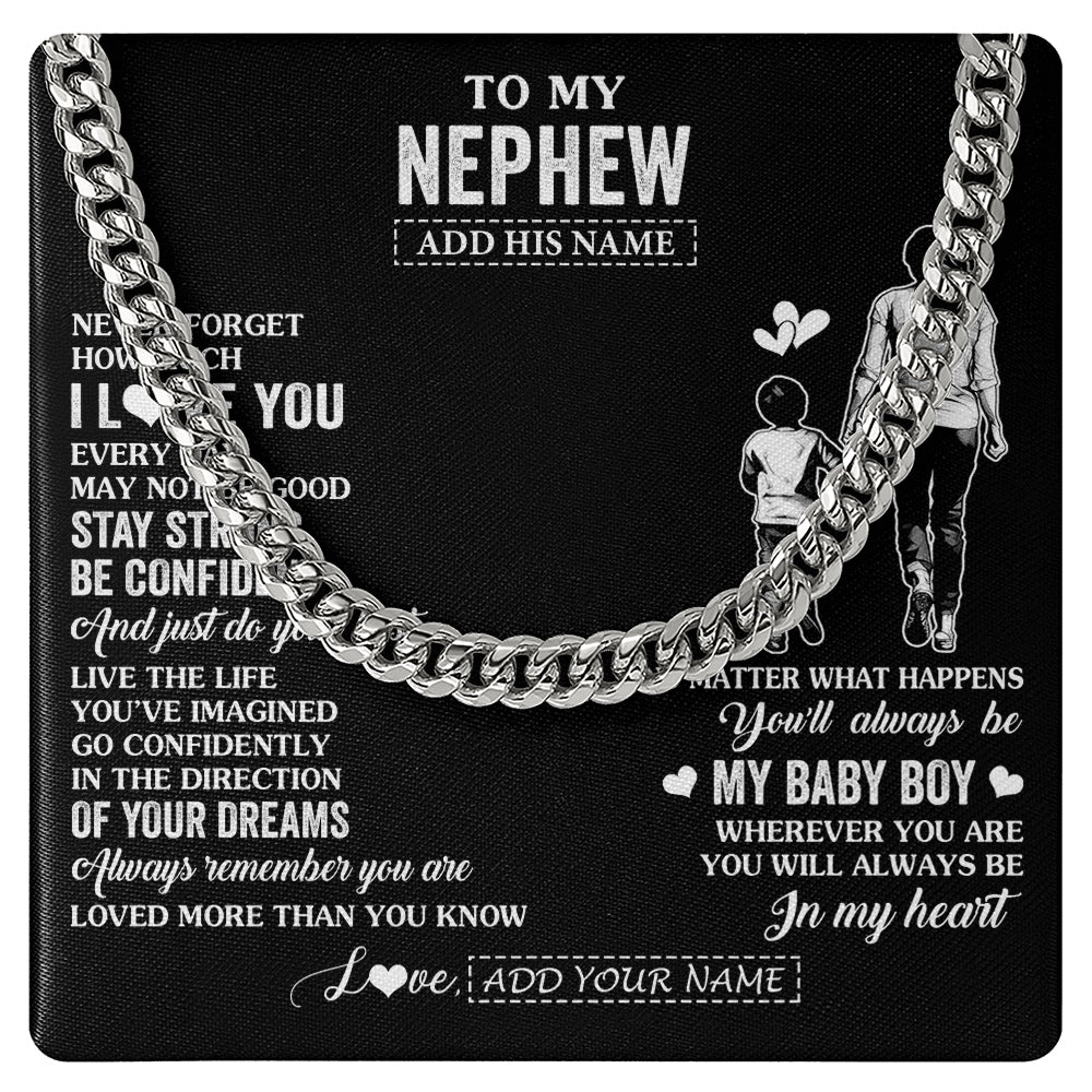 Cuban Link Chain Necklace Stainless Steel | 1 | Personalized To My Nephew Gifts From Aunt Auntie Necklace Never Forget How Much I Love You Nephew Birthday Graduation Christmas Custom Gift Box Message Card | https://siriusteestore.