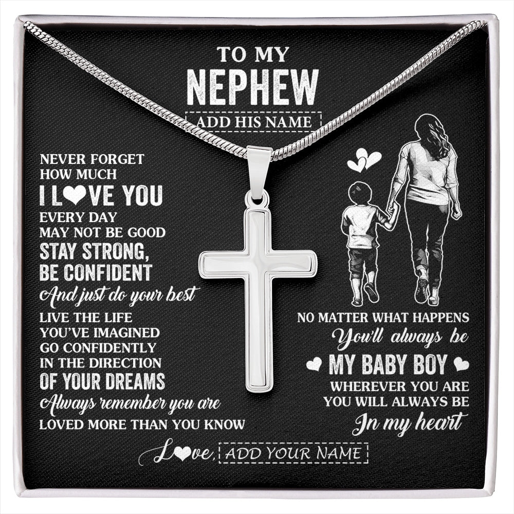 Stainless Cross Necklace Stainless Steel | 1 | Personalized To My Nephew Gifts From Aunt Auntie Necklace Never Forget How Much I Love You Nephew Birthday Graduation Christmas Custom Gift Box Message Card | https://siriusteestore.