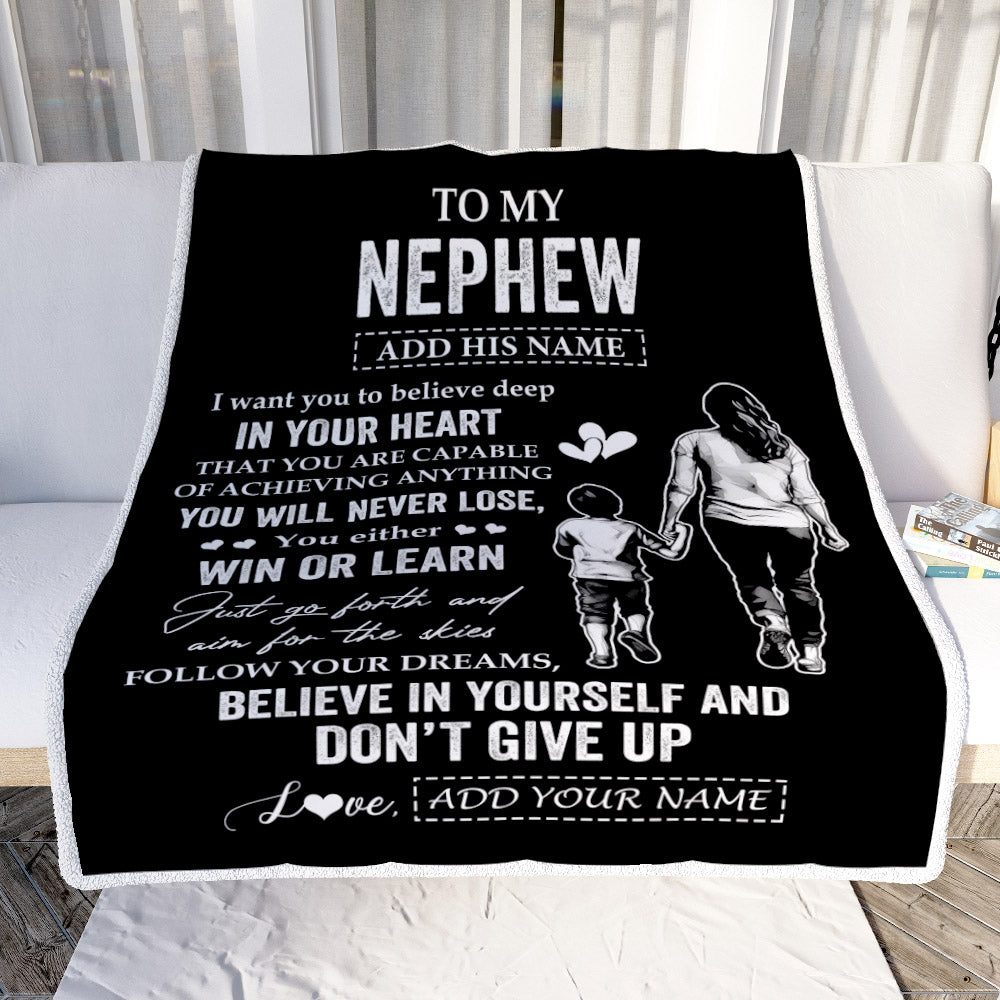 Personalized To My Nephew Gifts From Aunt Blanket Don't Give Up Aunt Gifts For Nephew Birthday Graduation Christmas Customized Fleece Throw Blanket | siriusteestore