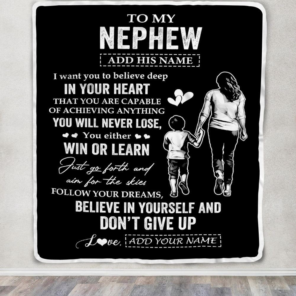 Personalized To My Nephew Gifts From Aunt Blanket Don't Give Up Aunt Gifts For Nephew Birthday Graduation Christmas Customized Fleece Throw Blanket | siriusteestore