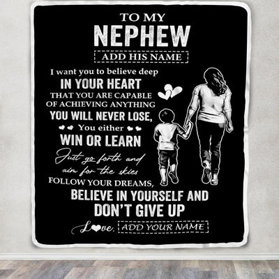 Personalized To My Nephew Gifts From Aunt Blanket Don't Give Up Aunt Gifts For Nephew Birthday Graduation Christmas Customized Fleece Throw Blanket | siriusteestore