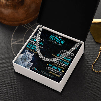 Cuban Link Chain Necklace Stainless Steel | 2 | Personalized To My Nephew Gifts From Aunt Uncle Auntie Necklace White Tiger Never Forget How Much I Love You Nephew Birthday Christmas Gift Box Message Card | siriusteestore.myshopify