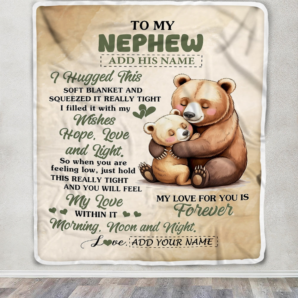 Personalized To My Nephew Gifts From Aunt Uncle Blanket Bear Letter I Hugged This Gifts For Nephew Birthday Graduation Christmas Custom Fleece Blanket | siriusteestore