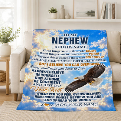 Personalized To My Nephew Gifts From Aunt Uncle Blanket Believe In Yourself Eagle Gifts For Nephew Birthday Present Graduation Christmas Custom Fleece Blanket | siriusteestore