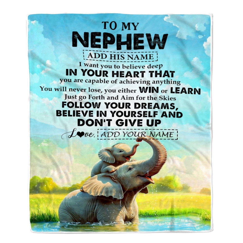 Personalized To My Nephew Gifts From Aunt Uncle Blanket Don't Give Up Elephant Gifts For Nephew Birthday Graduation Christmas Custom Fleece Throw Blanket | siriusteestore