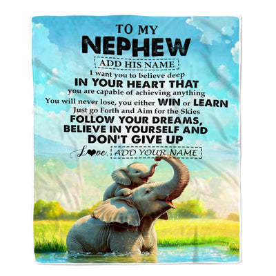 Personalized To My Nephew Gifts From Aunt Uncle Blanket Don't Give Up Elephant Gifts For Nephew Birthday Graduation Christmas Custom Fleece Throw Blanket | siriusteestore