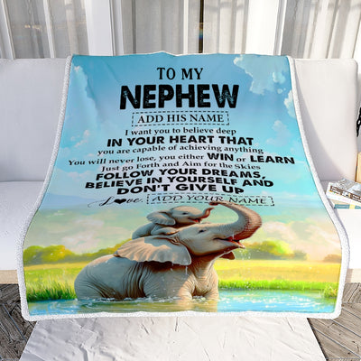 Personalized To My Nephew Gifts From Aunt Uncle Blanket Don't Give Up Elephant Gifts For Nephew Birthday Graduation Christmas Custom Fleece Throw Blanket | siriusteestore
