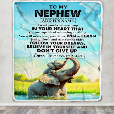 Personalized To My Nephew Gifts From Aunt Uncle Blanket Don't Give Up Elephant Gifts For Nephew Birthday Graduation Christmas Custom Fleece Throw Blanket | siriusteestore