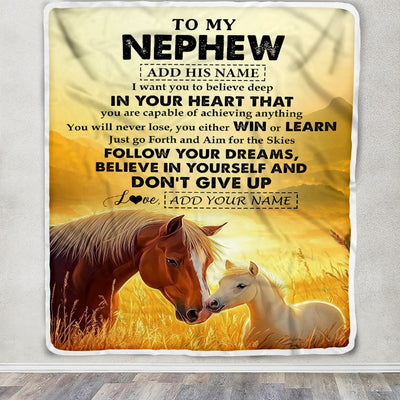 Personalized To My Nephew Gifts From Aunt Uncle Blanket Don't Give Up Horse Gifts For Nephew Birthday Graduation Christmas Customized Fleece Throw Blanket | siriusteestore