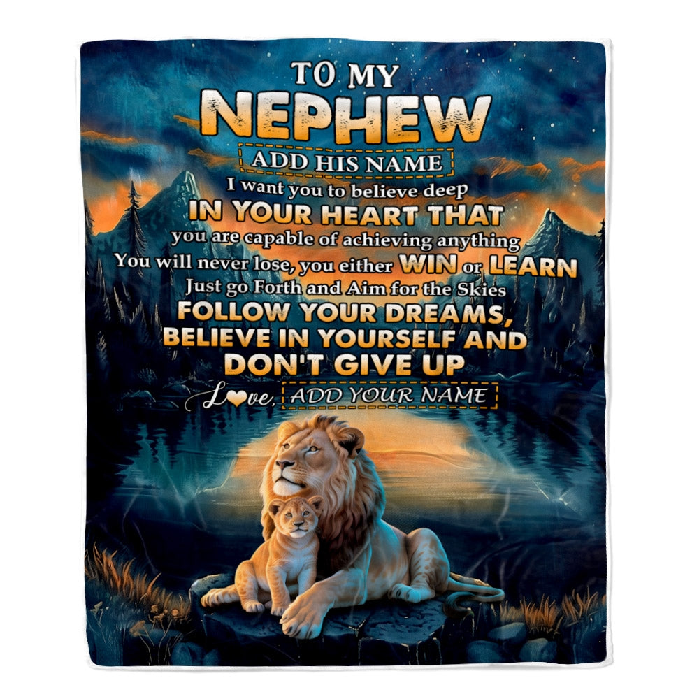 Personalized To My Nephew Gifts From Aunt Uncle Blanket Don't Give Up Lion Gifts For Nephew Birthday Graduation Christmas Customized Fleece Throw Blanket | siriusteestore