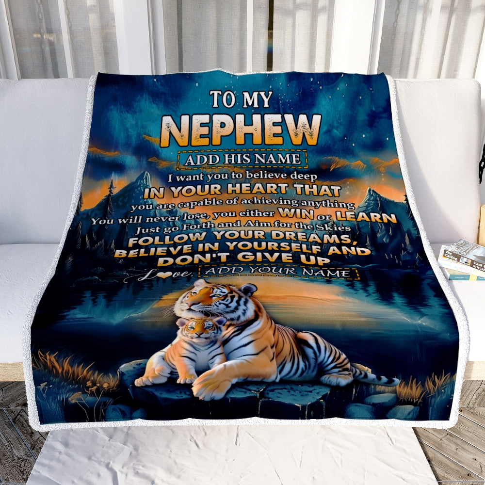 Personalized To My Nephew Gifts From Aunt Uncle Blanket Don't Give Up Tiger Gifts For Nephew Birthday Graduation Christmas Customized Fleece Throw Blanket | siriusteestore