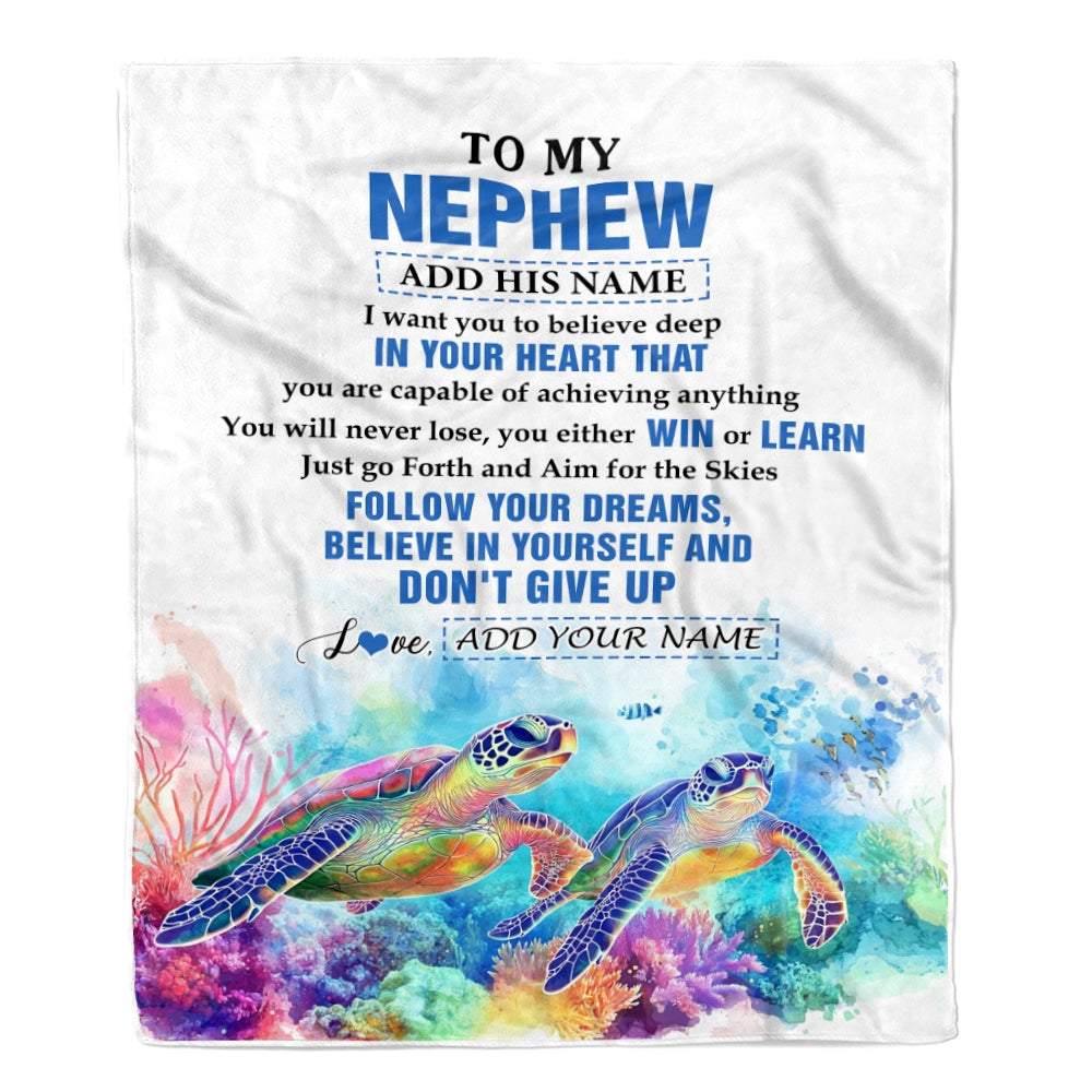 Personalized To My Nephew Gifts From Aunt Uncle Blanket Don't Give Up Turtle Gifts For Nephew Birthday Graduation Christmas Customized Fleece Throw Blanket | siriusteestore
