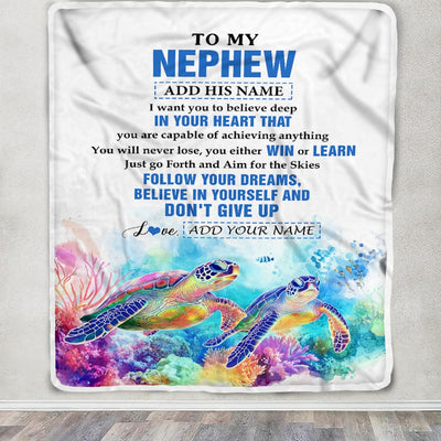 Personalized To My Nephew Gifts From Aunt Uncle Blanket Don't Give Up Turtle Gifts For Nephew Birthday Graduation Christmas Customized Fleece Throw Blanket | siriusteestore