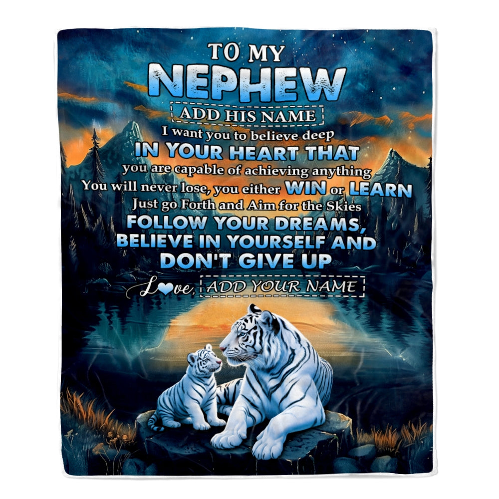 Personalized To My Nephew Gifts From Aunt Uncle Blanket Don't Give Up White Tiger Gifts For Nephew Birthday Graduation Christmas Custom Fleece Throw Blanket | siriusteestore
