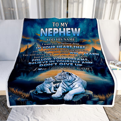 Personalized To My Nephew Gifts From Aunt Uncle Blanket Don't Give Up White Tiger Gifts For Nephew Birthday Graduation Christmas Custom Fleece Throw Blanket | siriusteestore