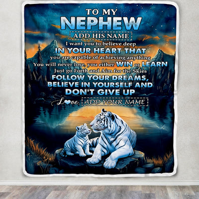 Personalized To My Nephew Gifts From Aunt Uncle Blanket Don't Give Up White Tiger Gifts For Nephew Birthday Graduation Christmas Custom Fleece Throw Blanket | siriusteestore