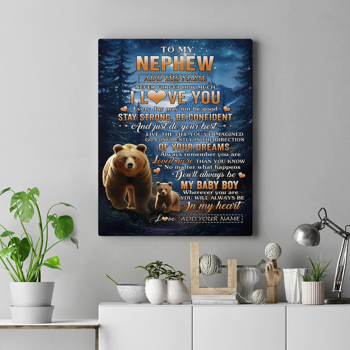 Personalized To My Nephew Gifts From Aunt Uncle Canvas Bear Never Forget How Much I Love You Nephew Birthday Gifts Graduation Christmas Custom Print Framed Canvas | siriusteestore