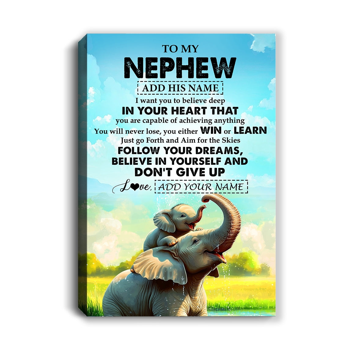 Personalized To My Nephew Gifts From Aunt Uncle Canvas Don't Give Up Elephant Gifts For Nephew Birthday Gifts Graduation Christmas Custom Wall Art Framed Canvas | siriusteestore