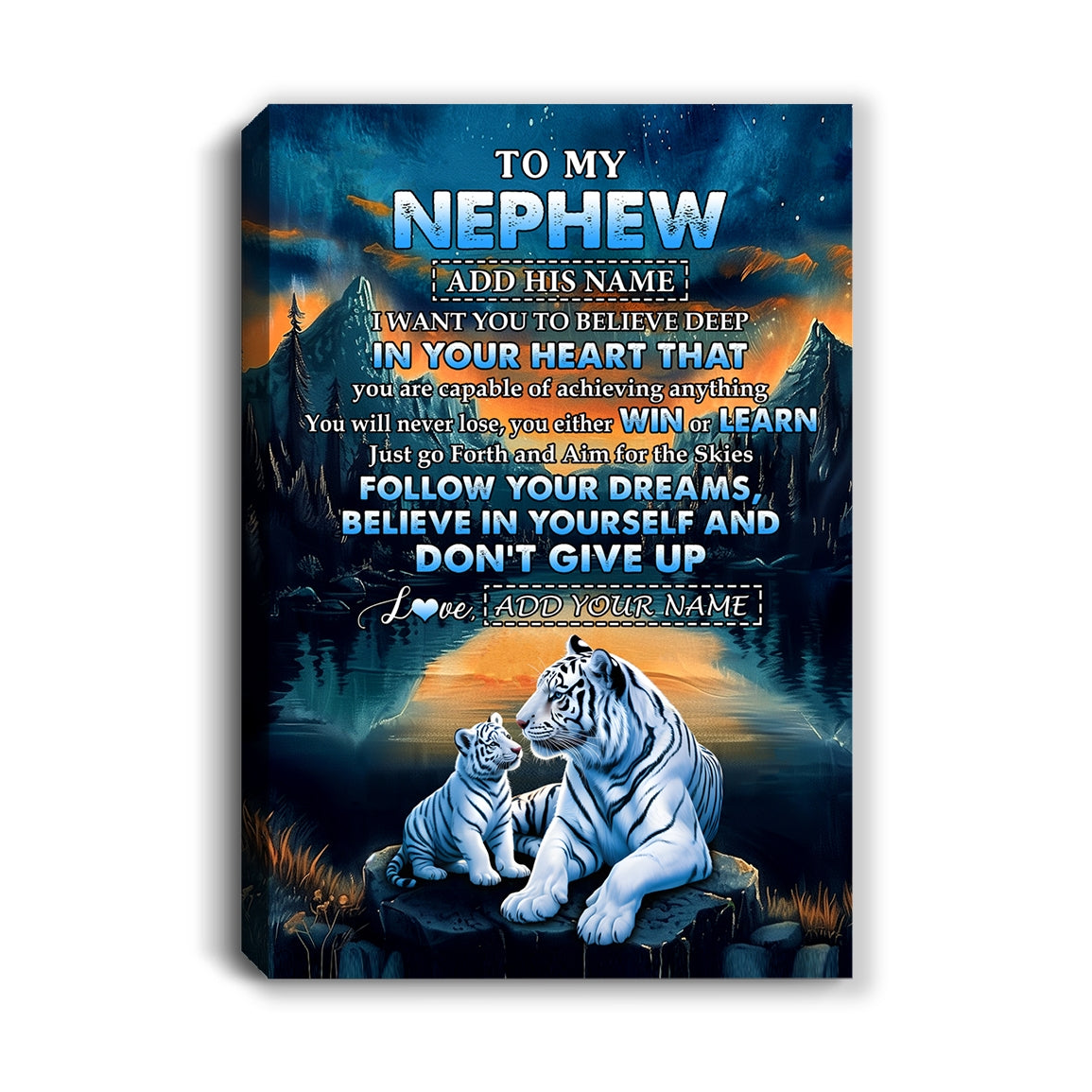 Personalized To My Nephew Gifts From Aunt Uncle Canvas Don't Give Up White Tiger Gifts For Nephew Birthday Graduation Christmas Custom Wall Art Framed Canvas | siriusteestore