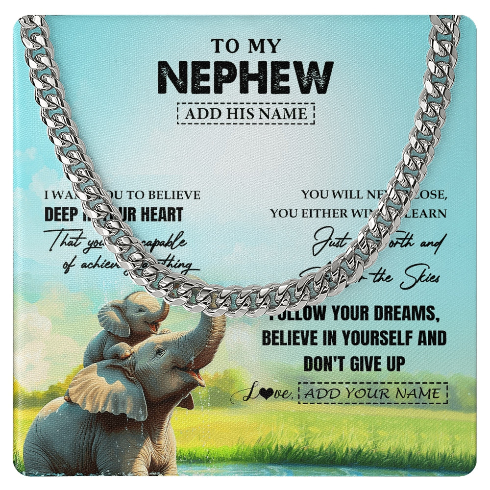 Cuban Link Chain Necklace Stainless Steel | 1 | Personalized To My Nephew Gifts From Aunt Uncle Necklace Don't Give Up Elephant Gifts For Nephew Birthday Graduation Christmas Custom Gift Box Message Card | https://siriusteestore.