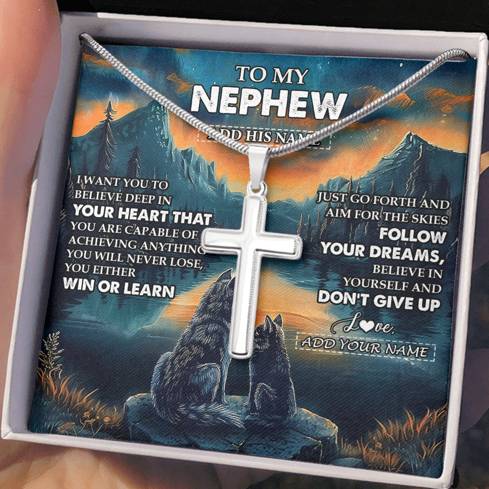 Stainless Cross Necklace Stainless Steel | 2 | Personalized To My Nephew Gifts From Aunt Uncle Necklace Don't Give Up Wolf Gifts For Nephew Birthday Graduation Christmas Customized Gift Box Message Card | siriusteestore