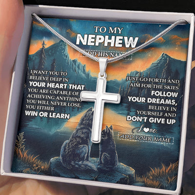 Stainless Cross Necklace Stainless Steel | 2 | Personalized To My Nephew Gifts From Aunt Uncle Necklace Don't Give Up Wolf Gifts For Nephew Birthday Graduation Christmas Customized Gift Box Message Card | siriusteestore