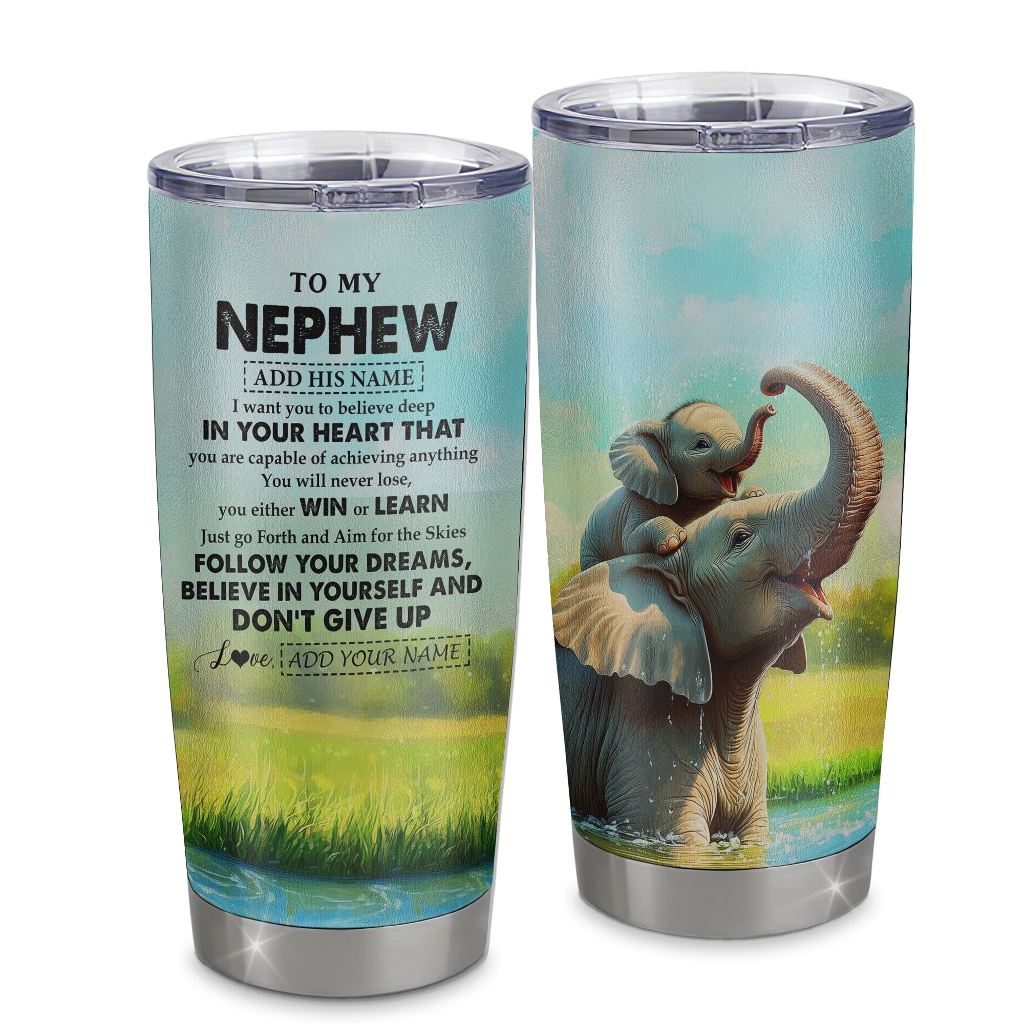 Personalized To My Nephew Gifts From Aunt Uncle Tumbler Don't Give Up Elephant Gifts For Nephew Birthday Graduation Christmas Custom Stainless Steel Travel Mug | siriusteestore