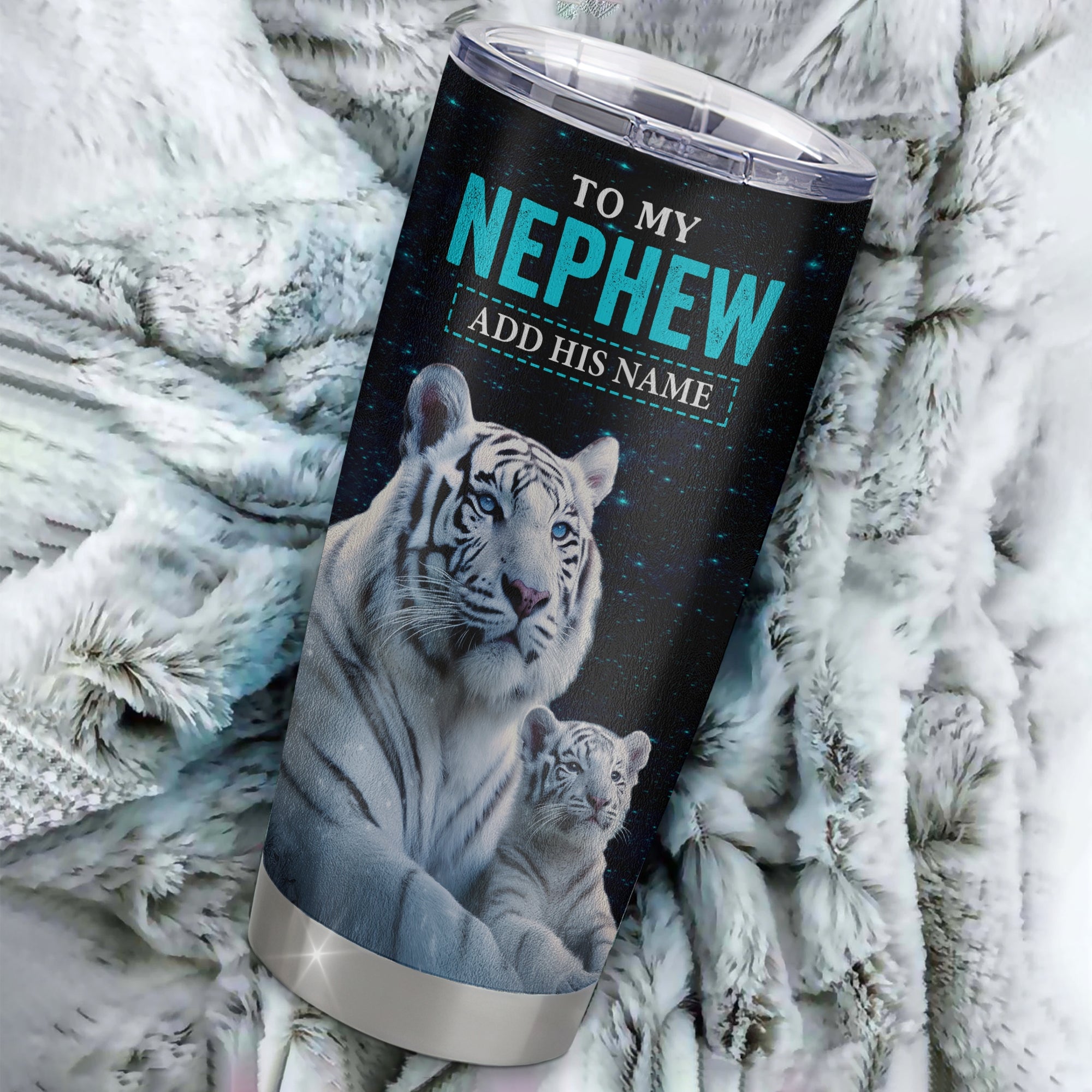 Personalized To My Nephew Gifts From Aunt Uncle Tumbler White Tiger Never Forget How Much I Love You Nephew Birthday Graduation Christmas Custom Stainless Steel Mug | siriusteestore