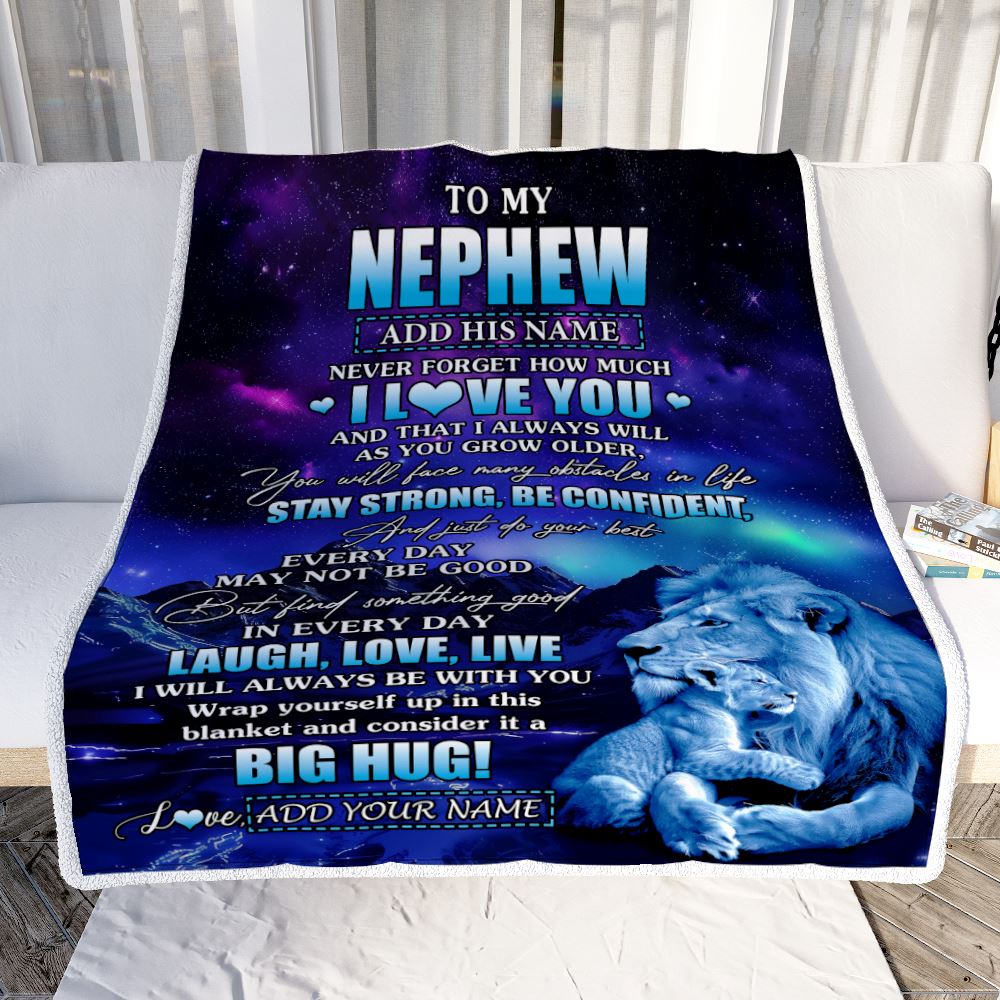 Personalized To My Nephew Gifts From Uncle Blanket Laught Love Live Lion Great Nephew Birthday Gifts Graduation Christmas Customized Fleece Throw Blanket | siriusteestore