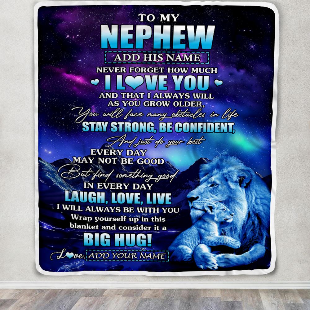 Personalized To My Nephew Gifts From Uncle Blanket Laught Love Live Lion Great Nephew Birthday Gifts Graduation Christmas Customized Fleece Throw Blanket | siriusteestore