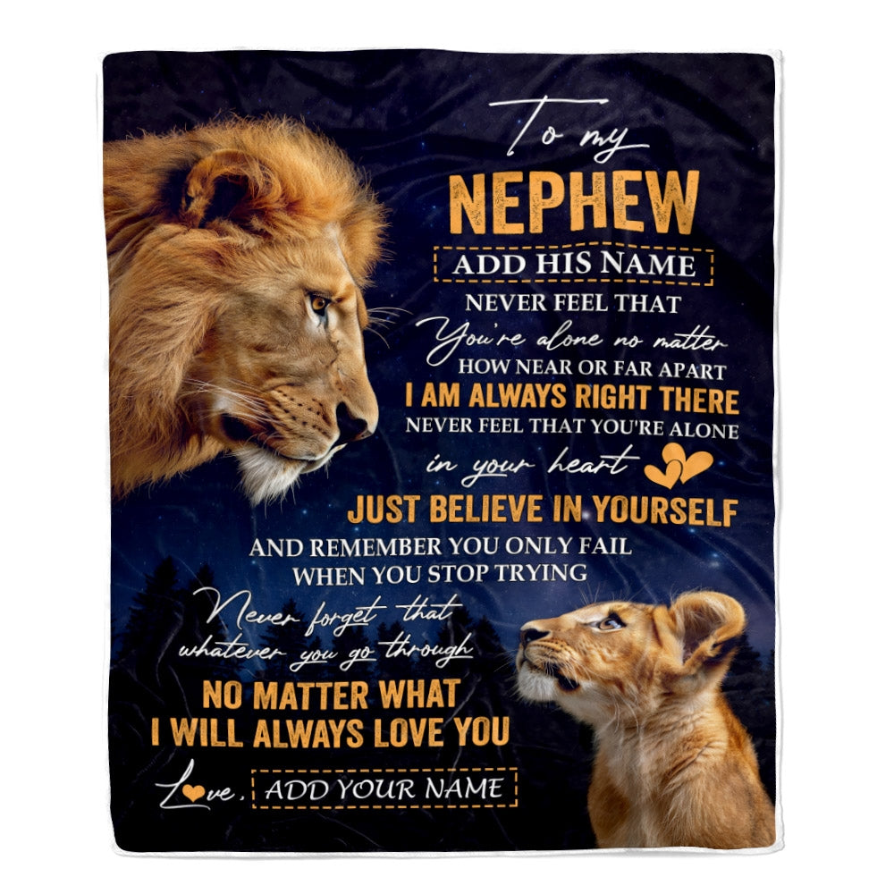 Personalized To My Nephew Gifts From Uncle Blanket Lion Never Feel Alone Birthday Gifts Nephew Graduation Valentines Christmas Custom Fleece Throw Blanket | siriusteestore
