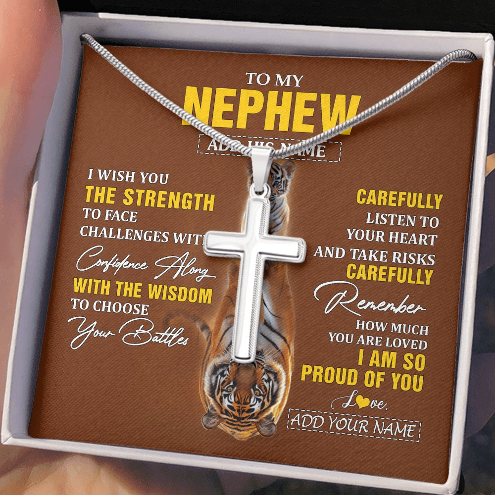 Stainless Cross Necklace Stainless Steel | 2 | Personalized To My Nephew Gifts Necklace From Aunt Uncle Auntie I Wish You The Strength Tiger Nephew Birthday Gifts Christmas Graduation Gift Box Message Card | https://siriusteestore.