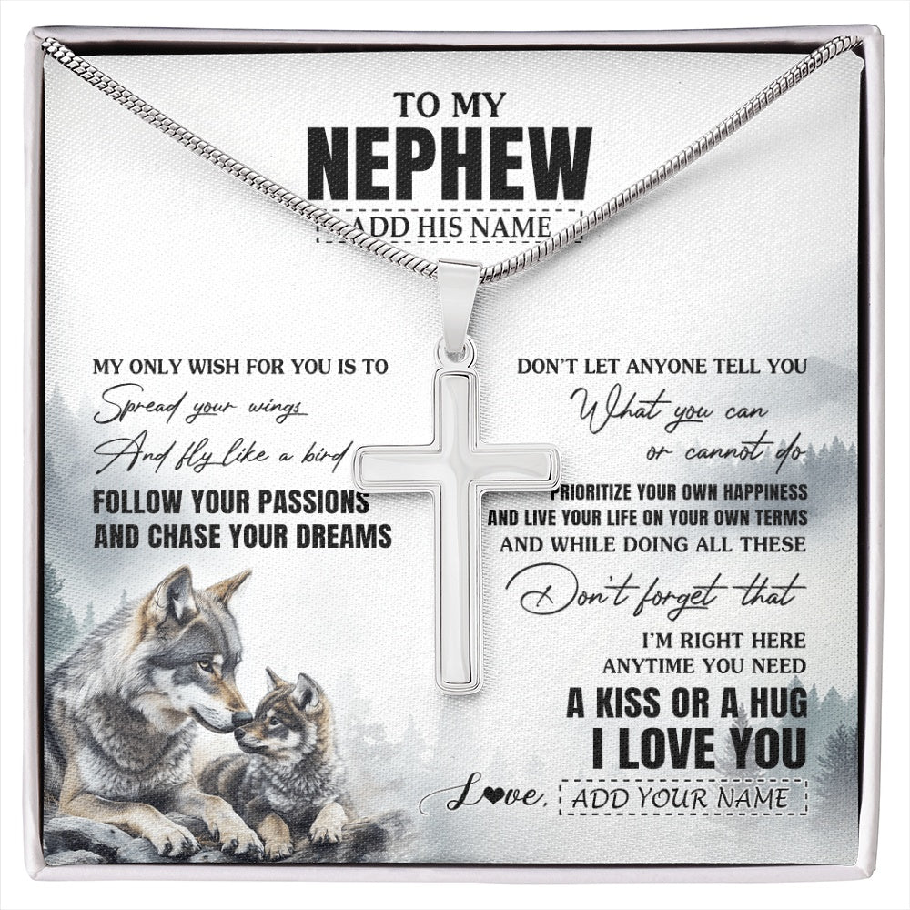 Stainless Cross Necklace Stainless Steel | 1 | Personalized To My Nephew Gifts Necklace From Aunt Uncle Auntie Wolf My Only Wish For You Nephew Birthday Gifts Graduation Christmas Gift Box Message Card | https://siriusteestore.