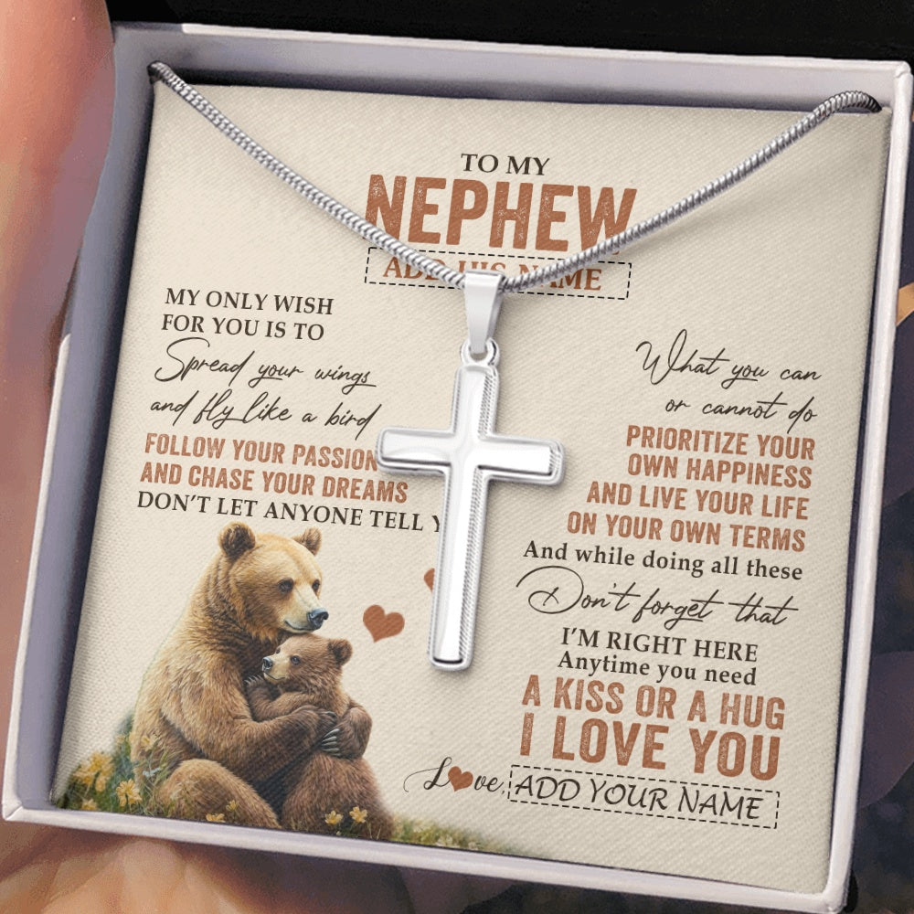 Stainless Cross Necklace Stainless Steel | 2 | Personalized To My Nephew Gifts Necklace From Aunt Uncle Bear My Only Wish For You Nephew Birthday Gifts Graduation Christmas Custom Gift Box Message Card | siriusteestore.myshopify
