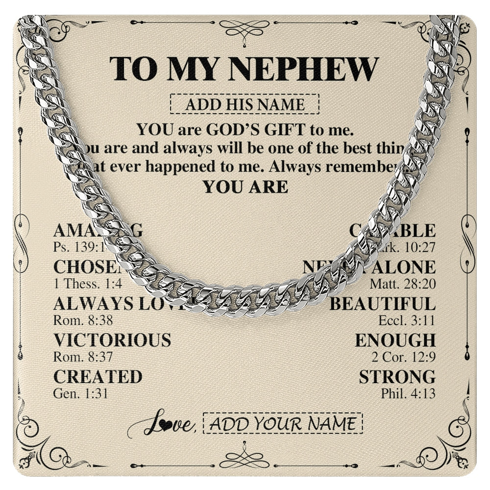 Cuban Link Chain Necklace Stainless Steel | 1 | Personalized To My Nephew Gifts Necklace From Aunt Uncle You Are God's Gift To Me Aunt Nephew Birthday Gifts Christmas Christian Custom Gift Box Message Card | https://siriusteestore.