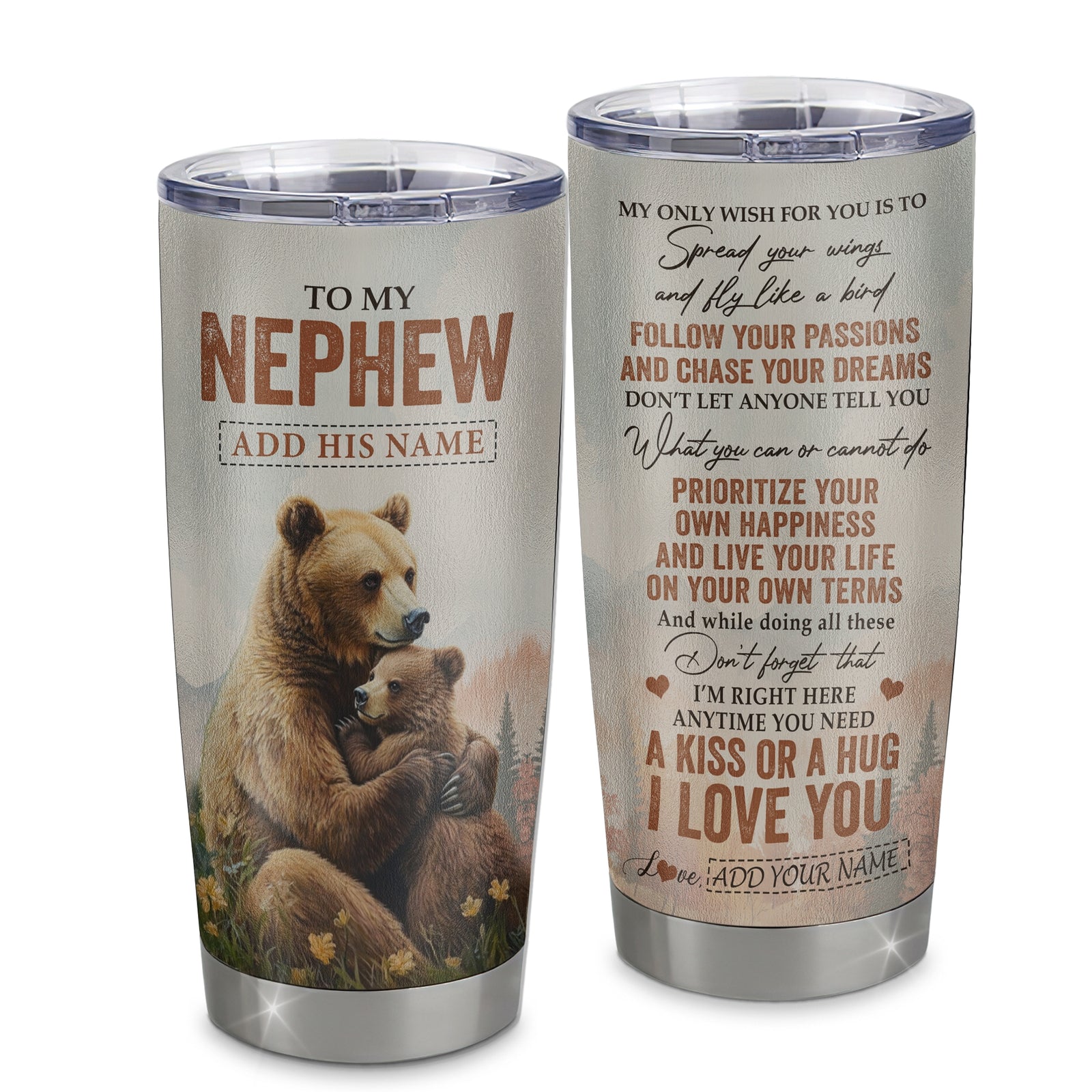 Personalized To My Nephew Gifts Tumbler From Aunt Uncle Auntie Bear My Only Wish For You Nephew Birthday Gifts Graduation Christmas Custom Stainless Steel Travel Mug | siriusteestore