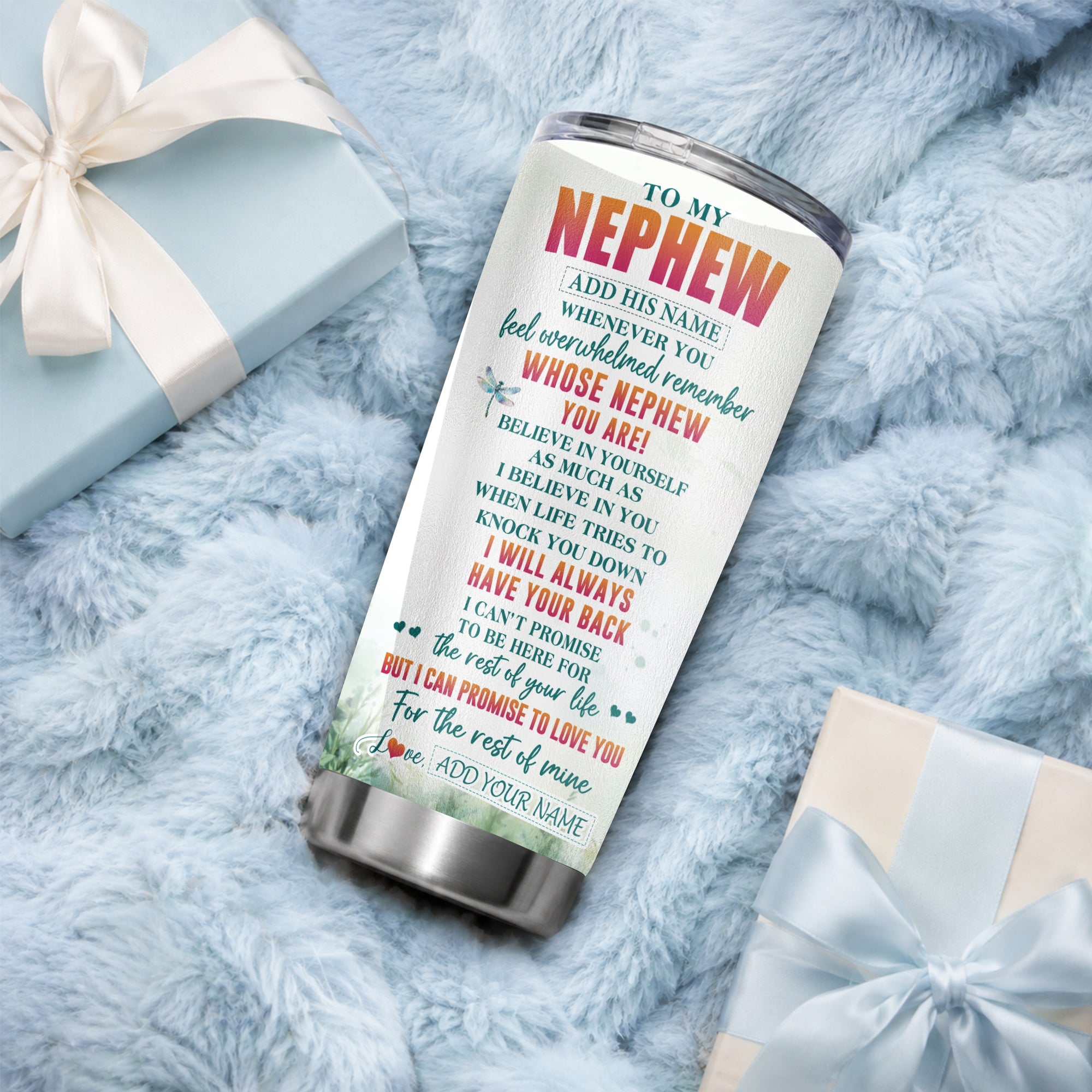 Personalized To My Nephew Gifts Tumbler From Aunt Uncle Auntie Whenever You Feel Dragonfly Nephew Birthday Gifts Graduation Christmas Custom Stainless Steel Travel Mug | siriusteestore