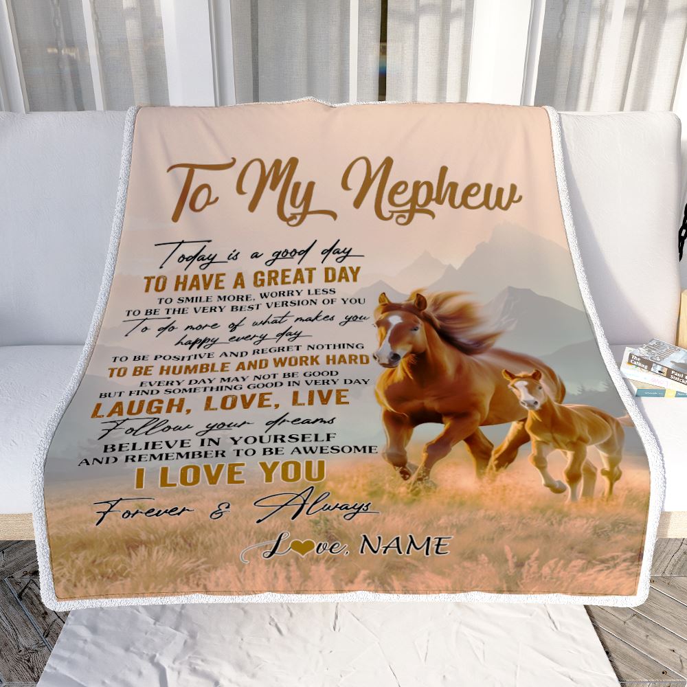 Personalized To My Nephew Horse Blanket From Aunt Uncle Auntie Every Day Laugh Love Live Nephew Birthday Gifts Christmas Customized Fleece Throw Blanket | siriusteestore