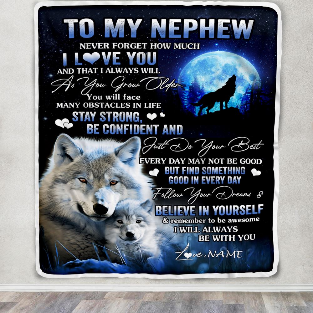 Personalized To My Nephew I Love You Forever Blanket From Aunt Auntie Uncle Wolf Nephew Birthday Gifts Graduation Christmas Customized Fleece Blanket | siriusteestore