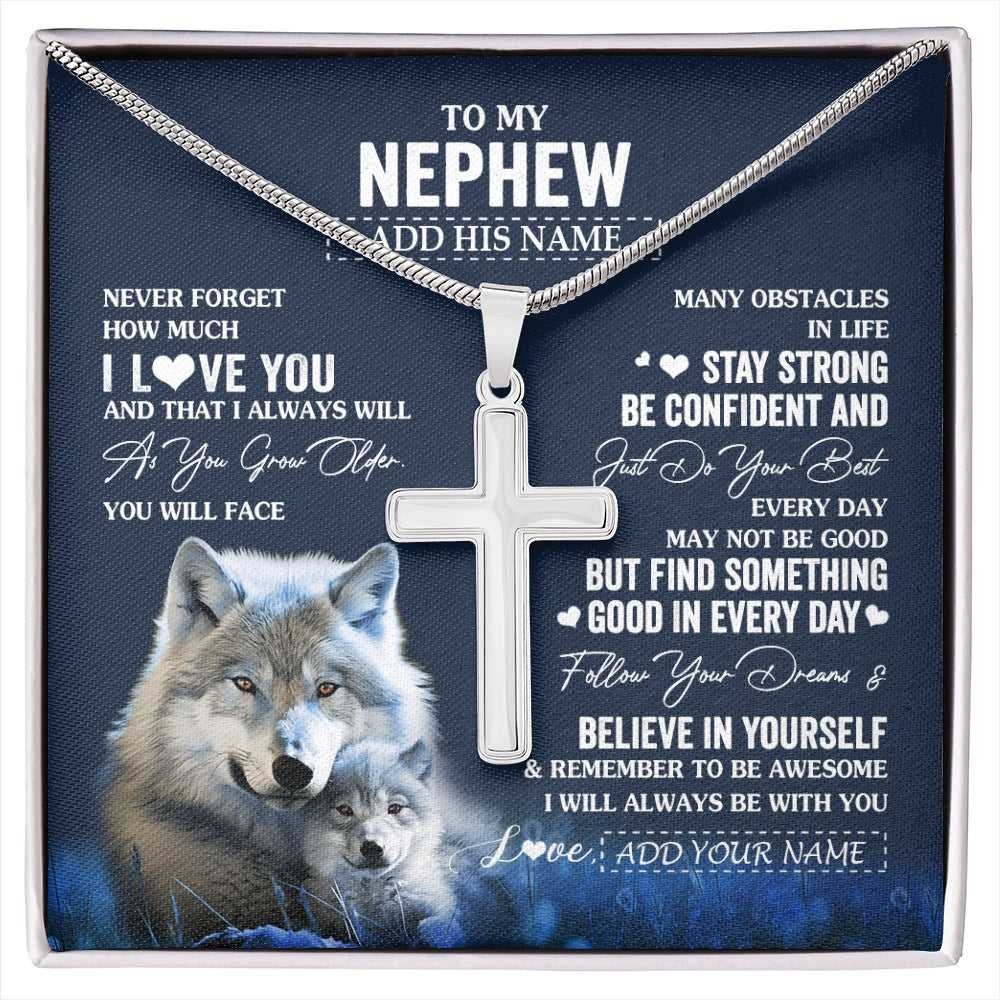 Stainless Cross Necklace Stainless Steel | 1 | Personalized To My Nephew I Love You Forever Necklace From Aunt Auntie Uncle Wolf Nephew Birthday Gifts Graduation Christmas Customized Gift Box Message Card | siriusteestore.myshopify