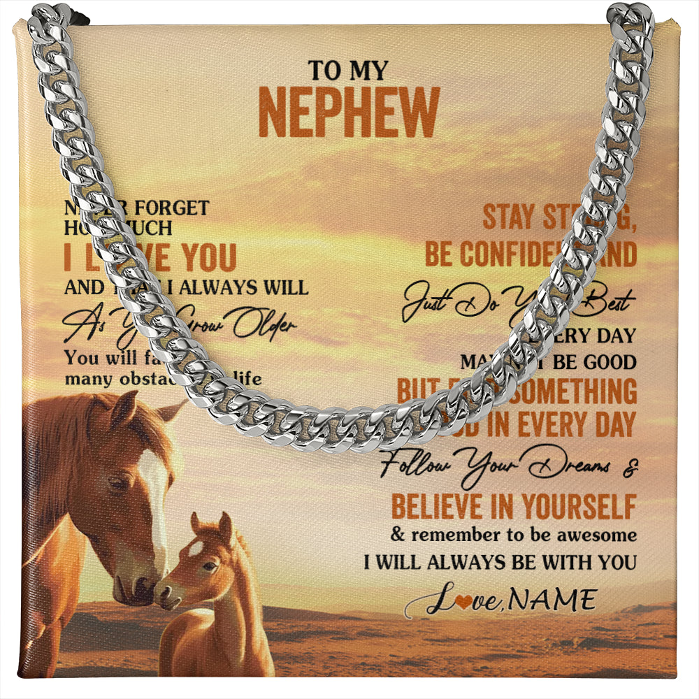 Cuban Link Chain Necklace Stainless Steel | 1 | Personalized To My Nephew I Love You Forever Necklace From Uncle Aunt Auntie Horse Nephew Birthday Gifts Graduation Christmas Customized Gift Box Message Card | siriusteestore
