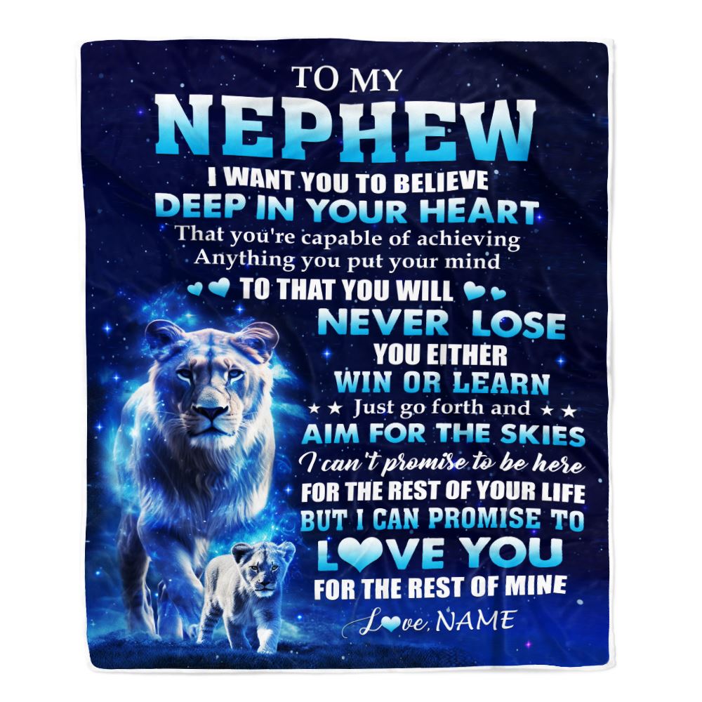 Personalized To My Nephew Lion From Aunt Auntie Blanket Believe Your Heart Nephew Gift Birthday Graduation Christmas Custom Customized Fleece Throw Blanket | siriusteestore