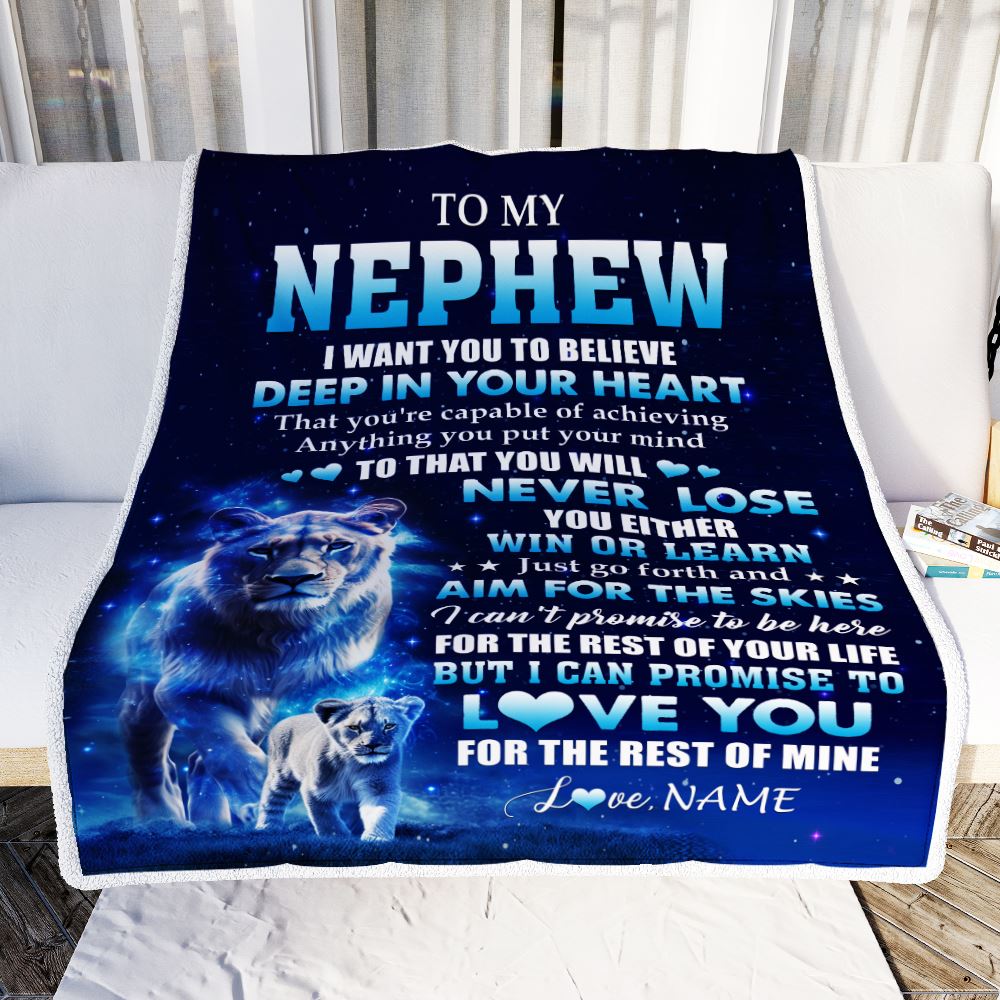 Personalized To My Nephew Lion From Aunt Auntie Blanket Believe Your Heart Nephew Gift Birthday Graduation Christmas Custom Customized Fleece Throw Blanket | siriusteestore