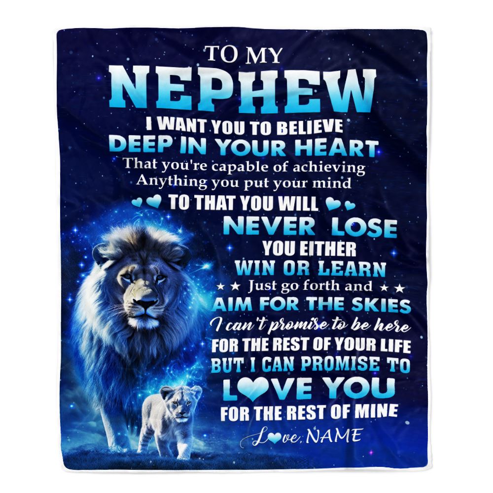 Personalized To My Nephew Lion From Uncle Blanket Believe Your Heart Nephew Gift Birthday Graduation Christmas Custom Customized Fleece Throw Blanket | siriusteestore