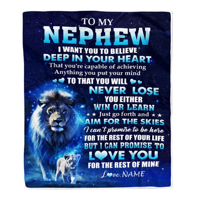 Personalized To My Nephew Lion From Uncle Blanket Believe Your Heart Nephew Gift Birthday Graduation Christmas Custom Customized Fleece Throw Blanket | siriusteestore