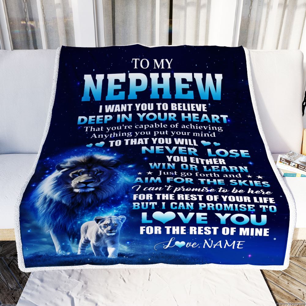 Personalized To My Nephew Lion From Uncle Blanket Believe Your Heart Nephew Gift Birthday Graduation Christmas Custom Customized Fleece Throw Blanket | siriusteestore