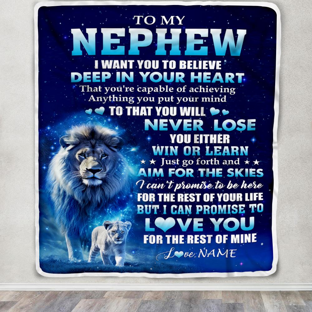 Personalized To My Nephew Lion From Uncle Blanket Believe Your Heart Nephew Gift Birthday Graduation Christmas Custom Customized Fleece Throw Blanket | siriusteestore