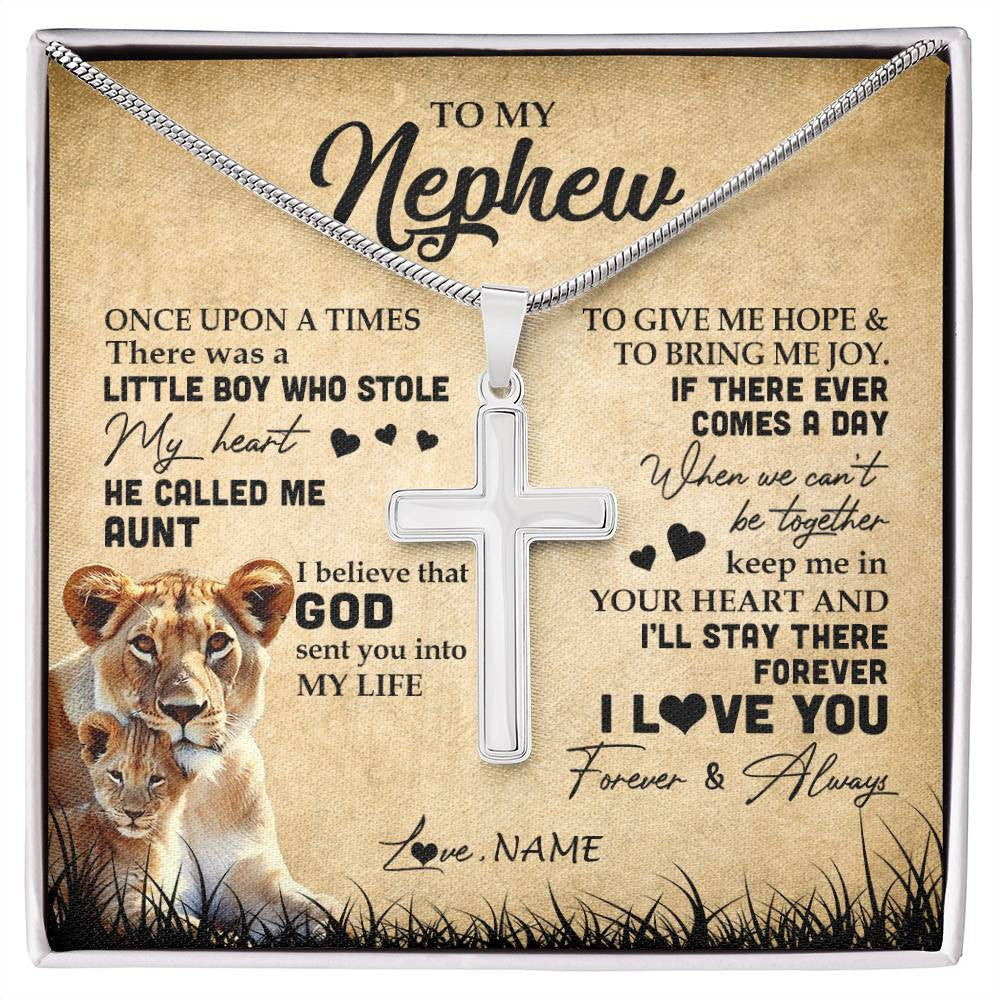 Stainless Cross Necklace | Personalized To My Nephew Lion Necklace From Aunt Auntie I'll Stay There Forever Nephew Birthday Graduation Christmas Customized Gift Box Message Card | siriusteestore